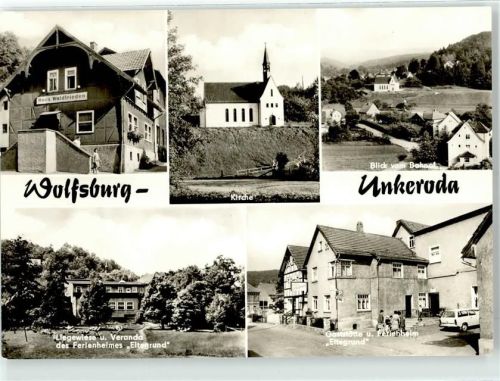 99819 O5901 Wolfsburg-Unkeroda Foto AK Gasthaus Waldfrieden Kirche Gasthaus Pension Eltegrund