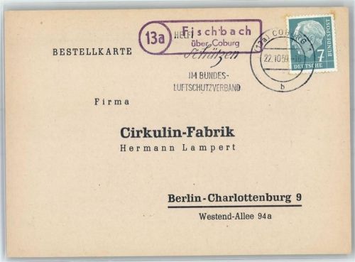 Fischbach Landpoststempel Bestellkarte Cirkulin-Fabrik Hermann Lampert