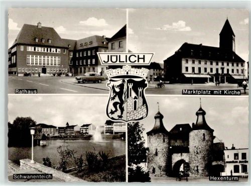 52428 W5170 Jülich - Rathaus Marktplatz Kirche Schwanenteich Hexenturm