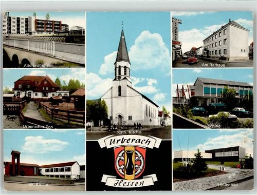 63322 W6074 Urberach - Kath. Kirche Am Rathaus Schule Schwimmbad Ev. Kirche Zoo Port Zentrale