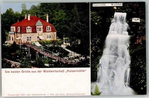 01445 O8122 Radebeul Gebrauchsspuren Gasthaus Waldwirtschaft Kaisermühle mit Wasserfall