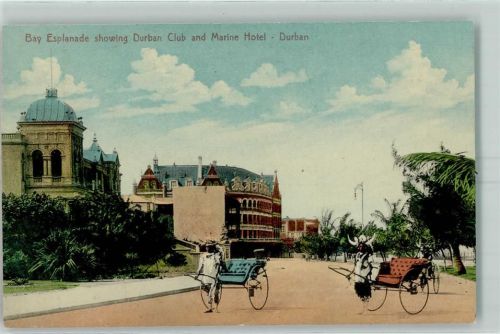 Durban Bay Esplanade showing Durban Club and Marine Hotel Rikscha