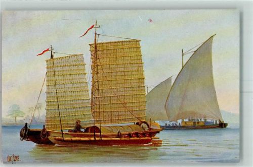 Kleineres Transportboot mit Mattensegeln 19. Jahrhundert Marine-Galerie Karte Nr. 87 sign Chr. Rave