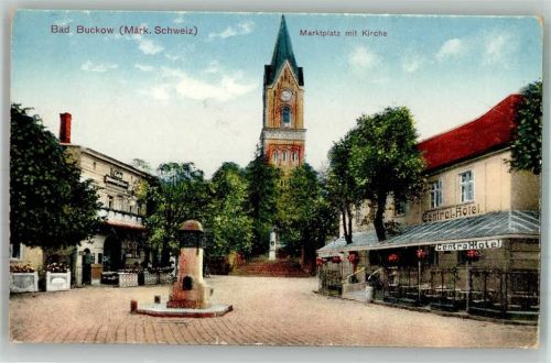 Buckow Marktplatz mit Ev. Stadtkirche und Central-Hotel Verlag Max O'Brien 1004
