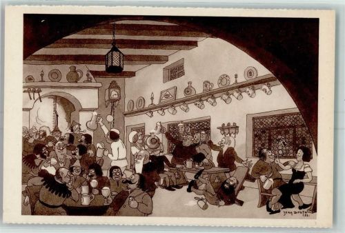 1933 A speakeasy in old time Schankraum Bierkrug Weinglas Uhr Wirt Bedienung sign. Jean Dratz