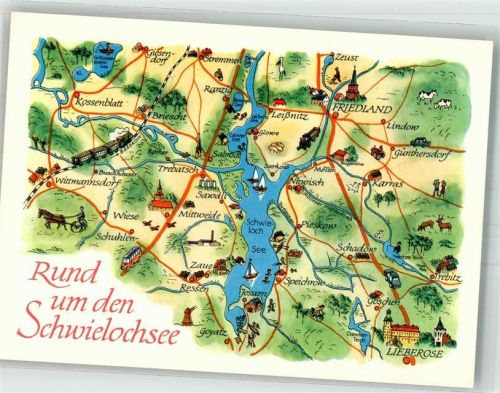 Friedland sign. Wohlgemuth Stilisierte Landkarte des Schwielochsees mit Sehenswürdigkeiten VEB Bild und Heimat