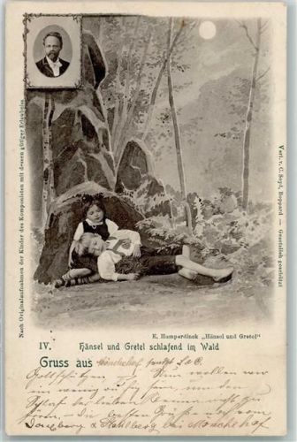 1899 Wald Mondschein Kinder Unterschlupf Schlaf sign. Humperdinck Karte IV