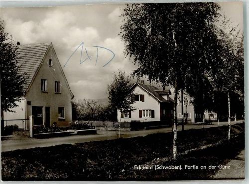Erkheim Dorfstraße an der Günz Foto Original aus Archiv eines Ansichtskartenverlages Farbstriche auf Bildseite