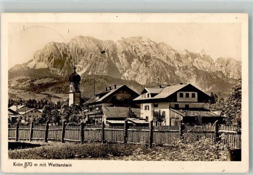 Krün mit Kirche St. Sebastian und Wetterstein Verlag Wisberger Hüttenstempel
