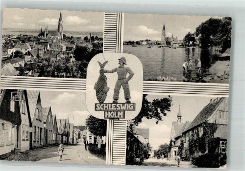 24837 W2380 Schleswig Foto AK Am Holm Kinder Straße Kirche Mann Fisch