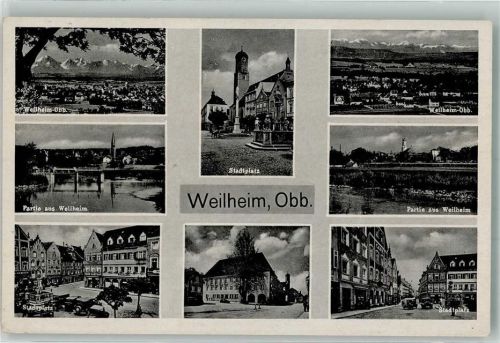 Weilheim Panorama des Ortes Stadtplatz Rathaus Stadtpfarrkirche Mariä Himmelfahrt Verlag Feldbauer Notopfermarke
