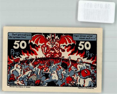 Brocken 1921 Brockengutschein über 50 Pfennig Hexen huldigen dem Teufel