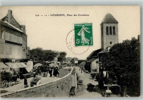 Gourdon 1908 Place des Cordeliers Kirche Briefmarke Bildseite