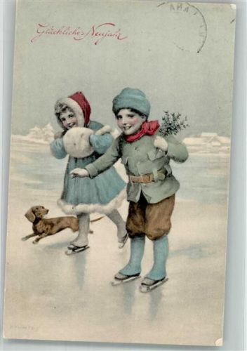 1908 Neujahr Dackel Kinder Schlittschuh Muff B.K.W.I. 2097-1