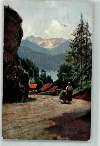 Urfeld 1906 sign. Bernhard F. Blick auf den Walchensee u. d. Karwendel