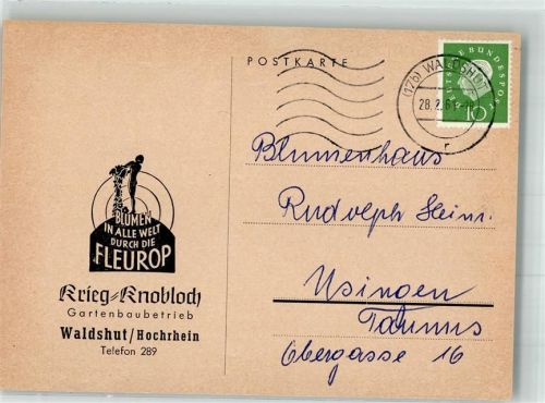 Waldshut 1961 Geschäft Gartenbaubetrieb Krieg-Knobloch Fleurop