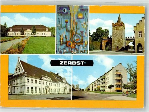 Zerbst Stadthalle Relief am Hochhaus Heidetor Max-Sens-Oberschule und Rat des Kreises Otto-Grotewohl-Straße Fotograf Karpf VEB Bild und Heimat