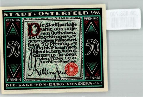 Osterfeld 1921 Gutschein über 50 Pfennig Sage von Burg Vondern