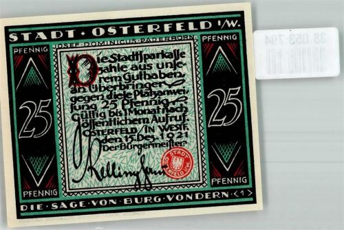 Osterfeld 1921 Gutschein über 25 Pfennig Sage von Burg Vondern