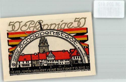 Schöppenstedt 1921 50 Pfennige Marktplatz St. Stephanus-Kirche Rückseite Stadtmagistrat