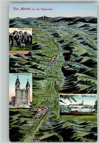 Staffelstein Vogelschau des Maintales mit Staffelberg Vierzehnheiligen und Schloss Banz