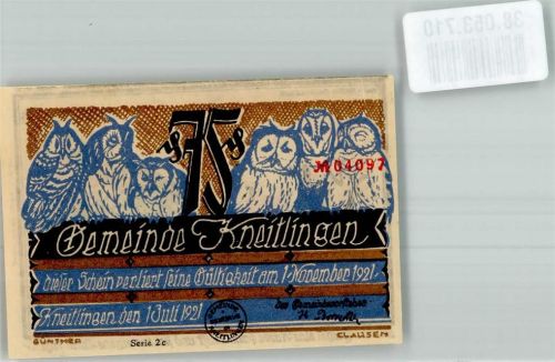 Kneitlingen 1921 Gutschein über 75 Pfennig Till Eulenspiegel mit einer Karre Sand Eulen