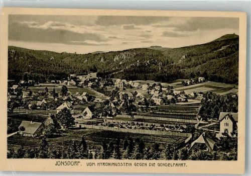 Kurort Jonsdorf Panorama des Ortes mit Gondelfahrt Verlag Louis Glaser Nr. 11012 Hüttenstempel Hotel Zum Lindengarten