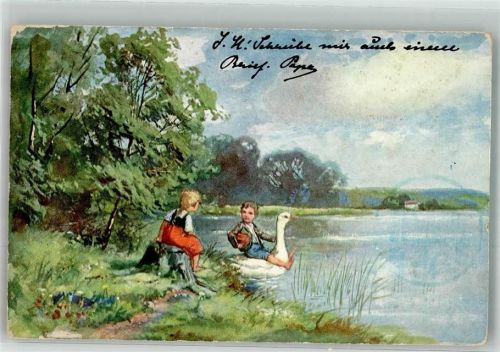 1906 Junge reitet auf einem Schwan
