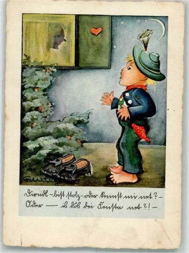 1938 Kleiner Junge steht am geschlossenen Fenster eines Mädchens Verlag August Lengauer Nr. 1210 Stempel Freischießen Kronach