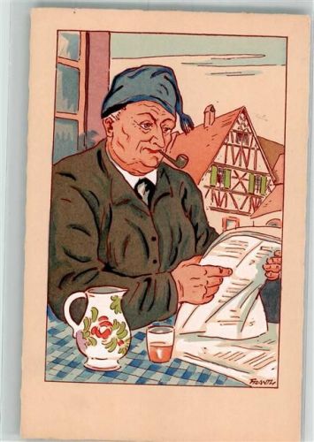 sign. Frantz Älterer Mann mit Pfeife beim Zeitung lesen Ets Artistiques Parisiens 4629