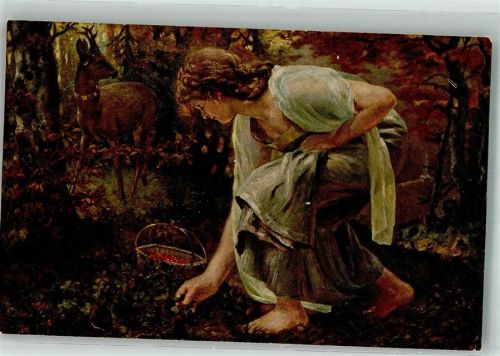 sign. Neuhaus Im Wald Beeren sammelnde junge Frau mit einem Reh Nr. 92