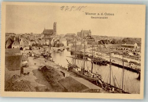 Wismar 1918 Panorama des Ortes mit Hafen und der Nikolaikirche Segelschiffe