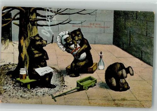 Bern 1909 Bärenfamilie im Bärengraben Tiere vermenschlicht Bier