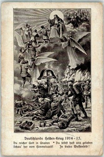 1915 Gefallene Landser werden von Engeln zur Hommelspforte geführt WK I Künstlerkarte Maschinenstempel