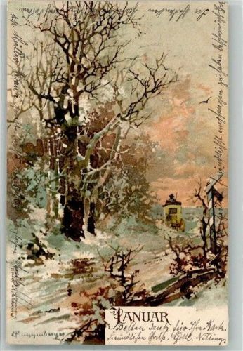 1902 Monatskarte Januar Postkutsche in Winterlandschaft