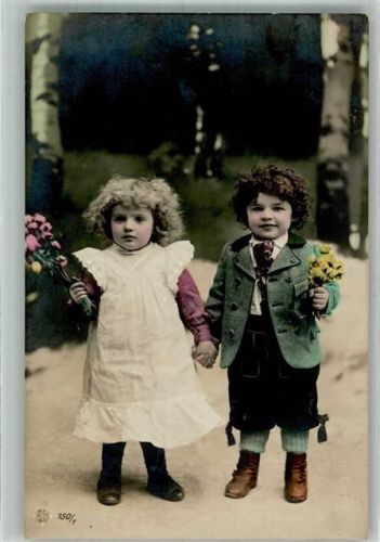 Einbeck 1908 Zwei kleine Kinder mit Blumensträußen Fahrradfabrik August Stukenbrok DLG 150/1