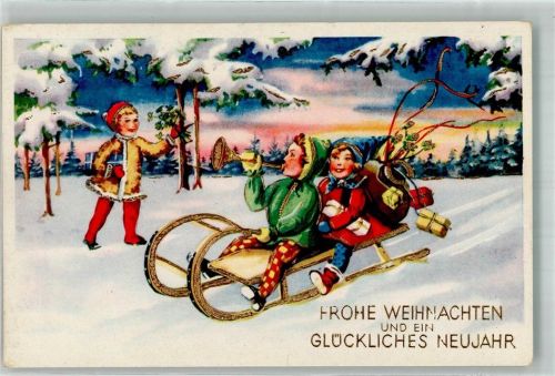 Weihnachten Neujahr Kinder mit Geschenken Hufeisen und Glücksklee in Winterlandschaft