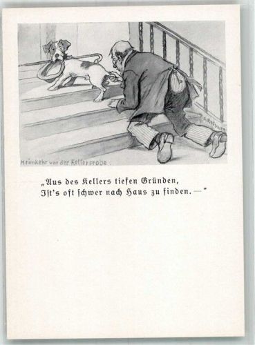 sign. Roeseler Betrunkener Mann läßt sich von kleinem Hund die Treppe hochziehen