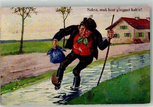 1930 Betrunkener Mann torkelt durchs Bachbett Künstlerkarte