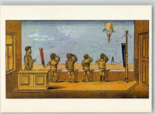 sign. Ernst, Max Collage Schulzimmer Ehemalige Sammlung Aragon Künstlerkarte mit Informationen
