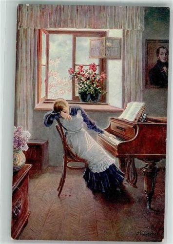 1917 sign. Liebscher, Adolf Junge verzweifelte Frau am Klavier