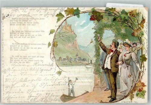 1898 sign. Sutter Text des Liedes Bekränzt mit Laub den lieben vollen Becher.... Verlag Juxberg Liederpostkarte No. 2