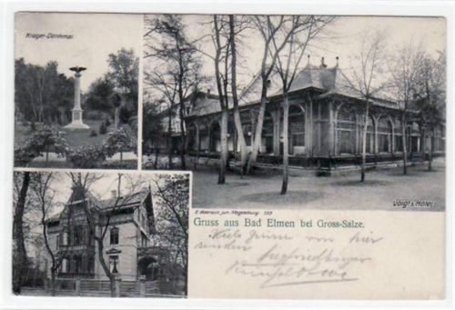 Schönebeck Bad Elmen bei Gross-Salze mit Villa Ida, Krieger - Denkmal und Voigt´s Hotel gelaufen von 1906. Gute Erhaltung.