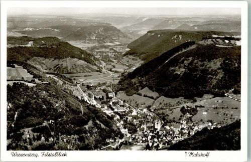 Wiesensteig Fliegeraufnahme des Ortes mit Kirche St. Cyriakus und Hotel Malakoff