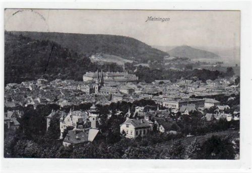 Meiningen Meiningen mit Gesamtansicht gelaufen von 1911. Leichter Stempeldurchdruck, sonst gut erhalten.