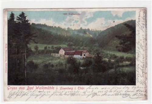 Gruß aus Bad Walkmühle bei Eisenberg i. Thüringen gelaufen und Bahnpoststempel von 1902, Zug Nr. 5. Oxydationsspuren an den Rändern, leicht stockfleckig, sonst gut erhalten.