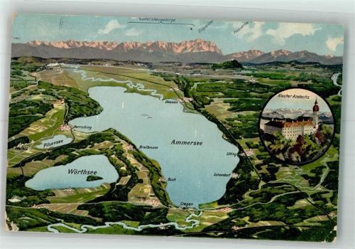 Dießen 1917 Vogelschau des Ammersees mit Alpenpanorama Verlag Zieher, Ottmar 2127