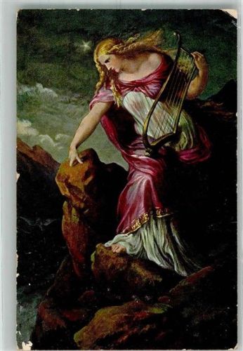 Loreley Betörend schöne Frau mit Harfe auf dem berühmten Felsen Künstlerkarte Verlag Edm. von König Nr. 440