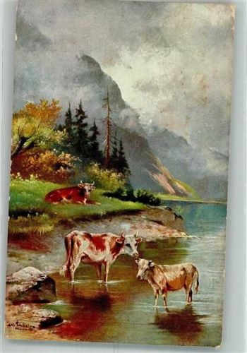 1910 Kühe in einem Gewässer im Hochgebirge Verlag Rehn & Linzen No. 364