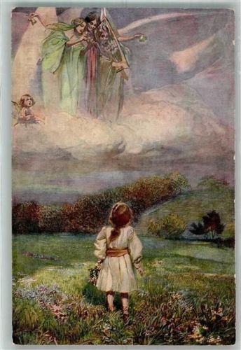 Kind beobachtet Engel am Himmelsfirmament Volkskunstverlag Serie 39/347